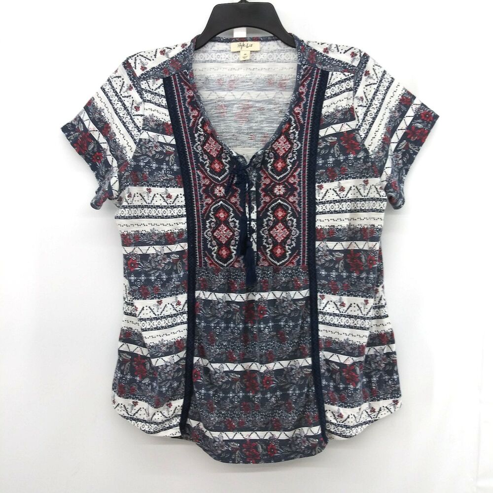Style & Co Shirt Women Size 0X White Blue Striped Tie Knot Collar Peasant Top